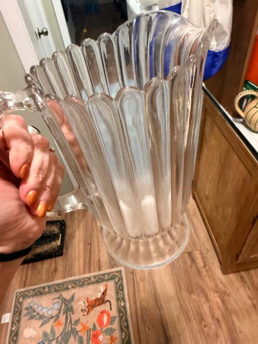 Vintage Clear Glass Fluted Pitcher with Handle and Footed Base